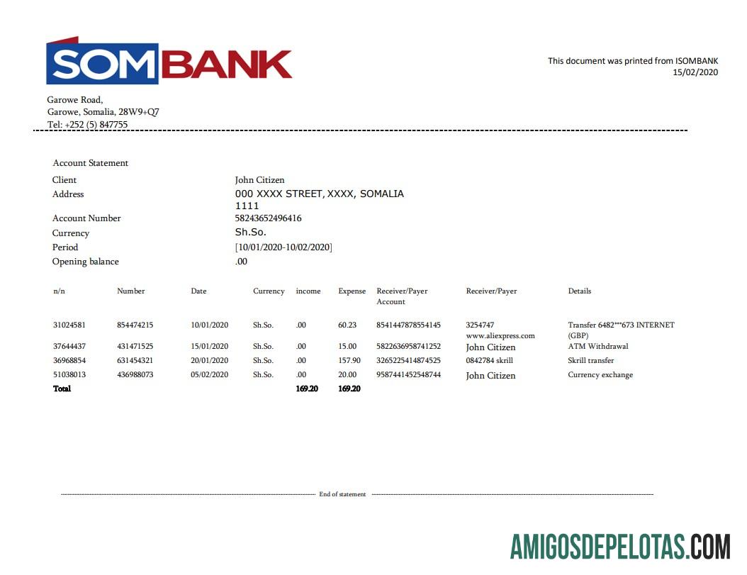 modelo de extrato bancário Somália Sombank em branco em formato Word e PDF